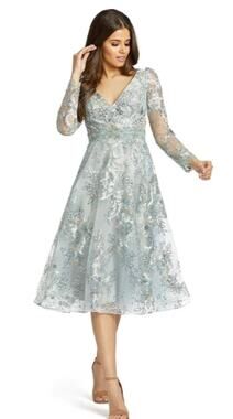 Mac Duggal 70230 Sterling Floral Beaded Long Sleeve Midi Dress 10 NWT
